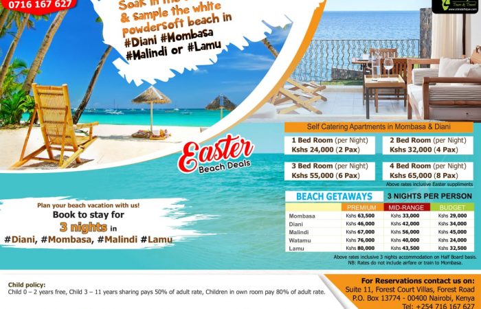 Take up our Easter Beach Deals and soak in the sun and sample the white powdersoft beach in Diani, Malindi, Watamu, Mombasa or Lamu
