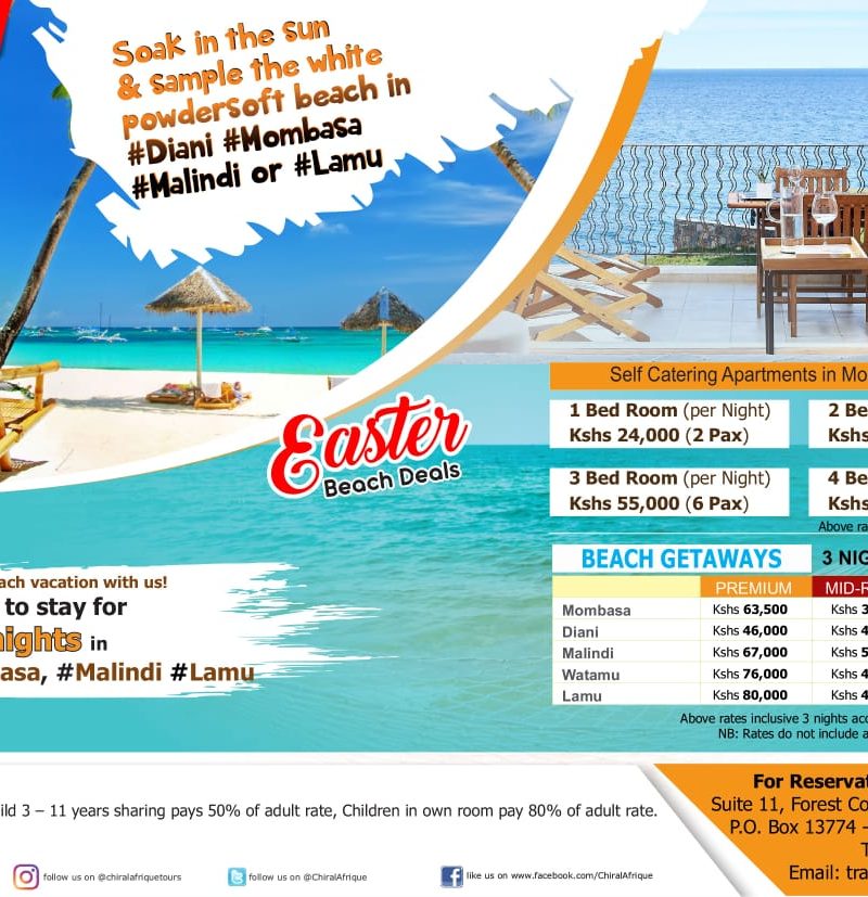 Take up our Easter Beach Deals and soak in the sun and sample the white powdersoft beach in Diani, Malindi, Watamu, Mombasa or Lamu