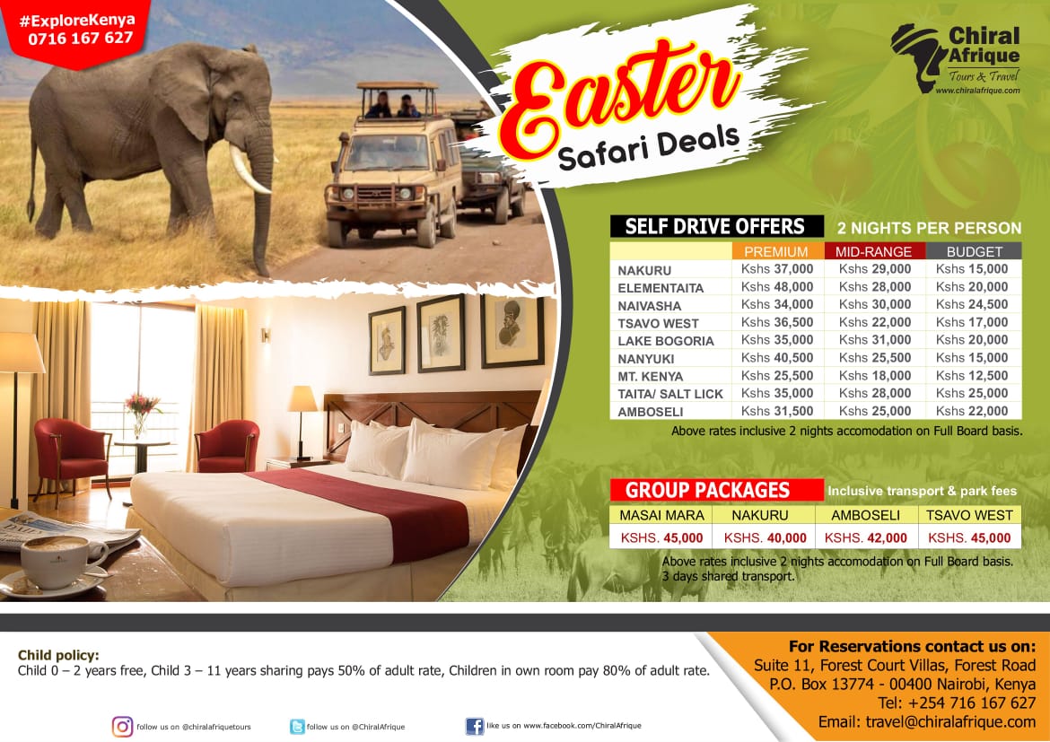 Take a safari this Easter. Choose between a self drive deal or a package deal to Masai Mara, Nakuru, Amboseli or Tsavo.